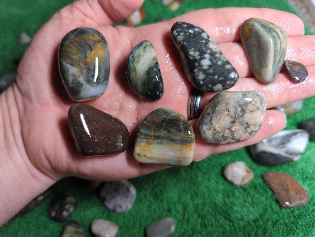 A closeup photo of a collection of misc smoothed stones held in hand